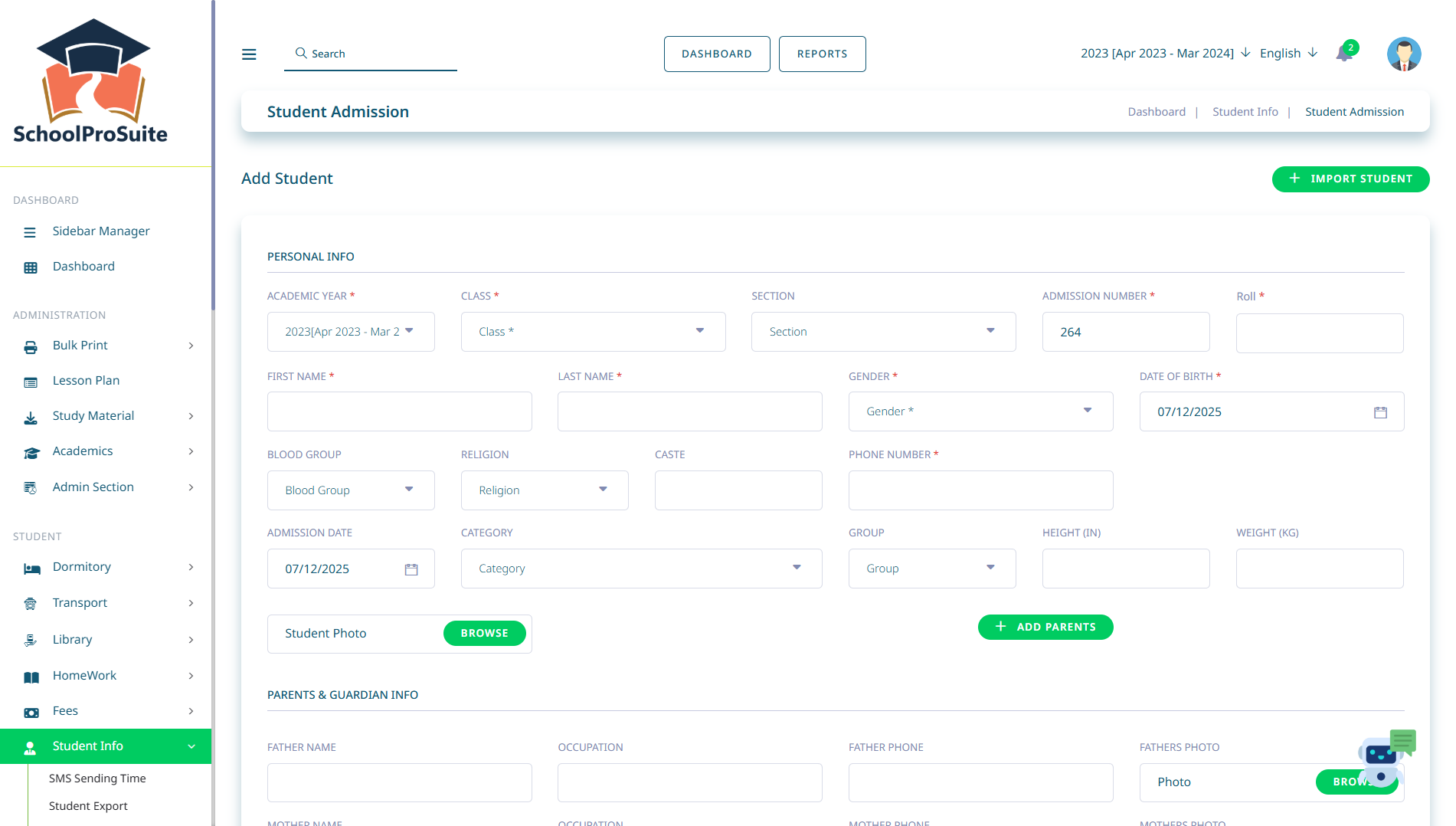 Modern School ERP UI - Live Dashboard View